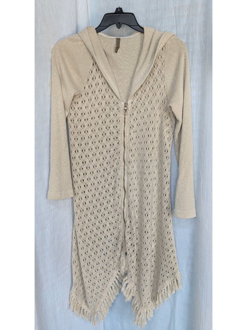 XCVI lace crochet hooded duster fringe jacket size M